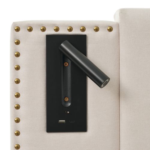 Lit Coffre Lit 160x200, Lit 2 Place Avec Chargeur USB, Lampe De Lecture, Design Rivet, Coton, Beige