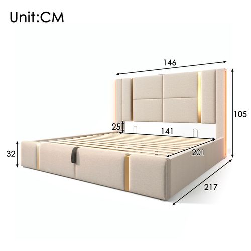Lit Coffre Adulte Lit 140×200, Lit 2 Place Avec Chargement USB Type C Et Éclairage LED, Lin, Beige