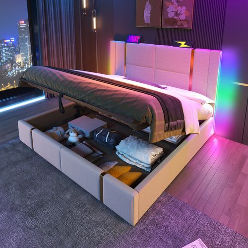 Lit Coffre Adulte Lit 140×200, Lit 2 Place Avec Chargement USB Type C Et Éclairage LED, Lin, Beige