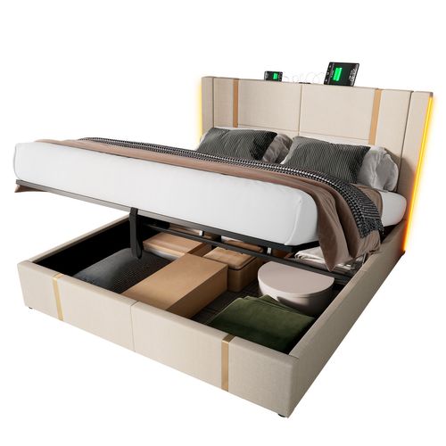 Lit Coffre Adulte Lit 140×200, Lit 2 Place Avec Chargement USB Type C Et Éclairage LED, Lin, Beige