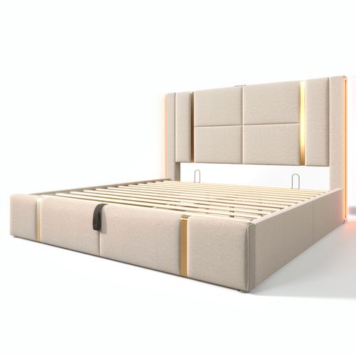Lit Coffre Adulte Lit 140×200, Lit 2 Place Avec Chargement USB Type C Et Éclairage LED, Lin, Beige