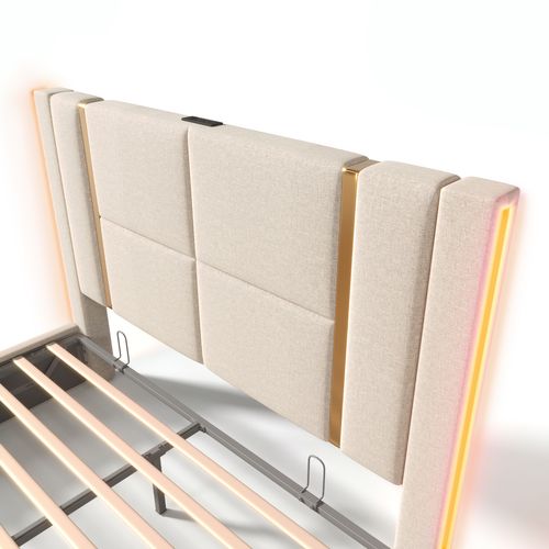 Lit Coffre Adulte Lit 160×200, Lit 2 Place Avec Chargement USB Type C Et Éclairage LED, Lin, Beige