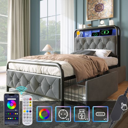 Lit Enfant LED Lit 90×200, Lit jeune Avec Chargeur USB Type-c Et 2 Tiroirs, Velours, Gris
