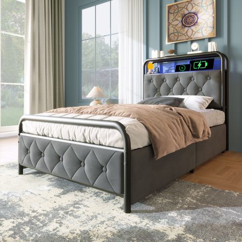 Lit Enfant LED Lit 90×200, Lit jeune Avec Chargeur USB Type-c Et 2 Tiroirs, Velours, Gris