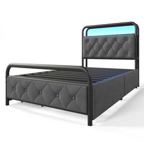 Lit Enfant LED Lit 90×200, Lit jeune Avec Chargeur USB Type-c Et 2 Tiroirs, Velours, Gris