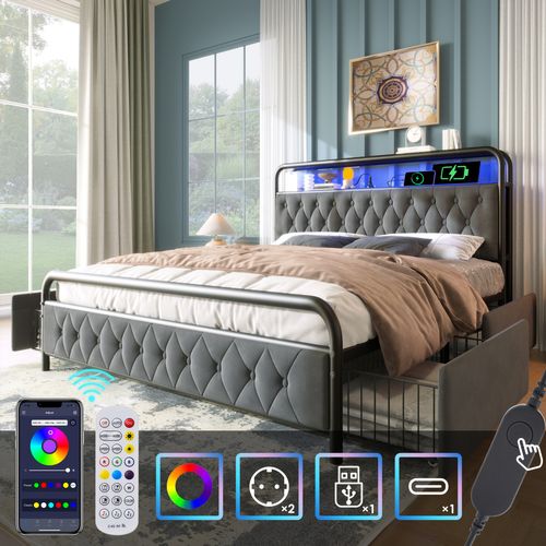 Lit Coffre 160x200 Avec LEDs Et Chargeur USB - Cadre Velours Vert, Rangement Intégré, Facile à Monter