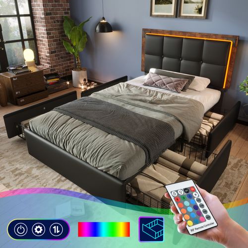 Lit Enfant Lit 90×200, Lit jeune Avec Bande Lumineuse LED Et 4 Tiroirs, Pu, ​​noir