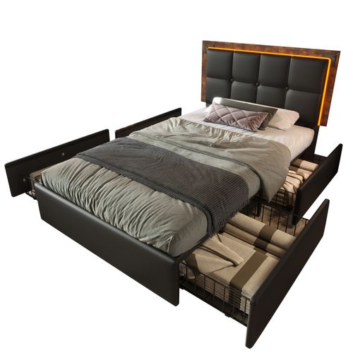 Lit Enfant Lit 90×200, Lit jeune Avec Bande Lumineuse LED Et 4 Tiroirs, Pu, ​​noir