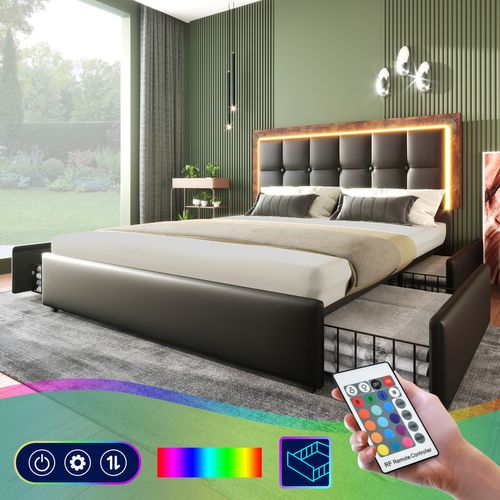 Lit Adulte Lit 140×200, Lit 2 Place Avec Bande Lumineuse LED Et 4 Tiroirs, Pu, noir