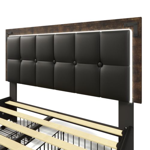 Lit Adulte Lit 140×200, Lit 2 Place Avec Bande Lumineuse LED Et 4 Tiroirs, Pu, noir