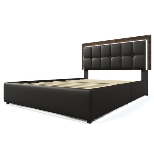 Lit Adulte Lit 160×200, Lit 2 Place Avec Bande Lumineuse LED Et 4 Tiroirs, Pu, noir