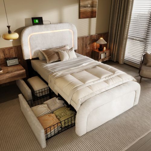 Lit Simple 90 X 200, Lit 1 Place Avec Chargement USB Type C, LED Et 2 Tiroirs, Tissu Sherpa, Blanc