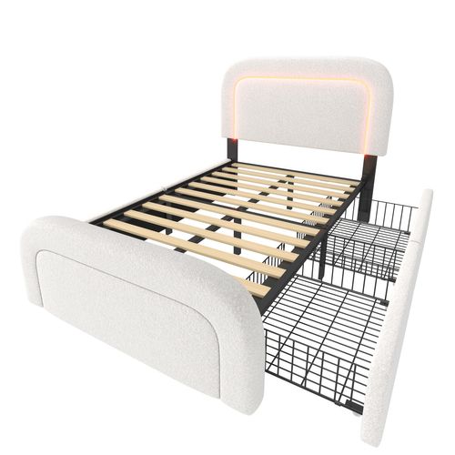 Lit Simple 90 X 200, Lit 1 Place Avec Chargement USB Type C, LED Et 2 Tiroirs, Tissu Sherpa, Blanc