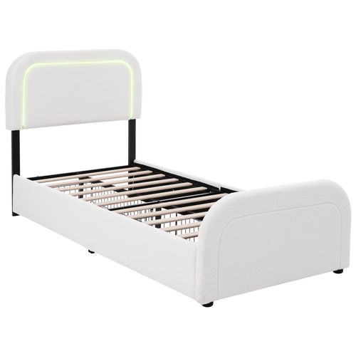 Lit Simple 90 X 200, Lit 1 Place Avec Chargement USB Type C, LED Et 2 Tiroirs, Tissu Sherpa, Blanc