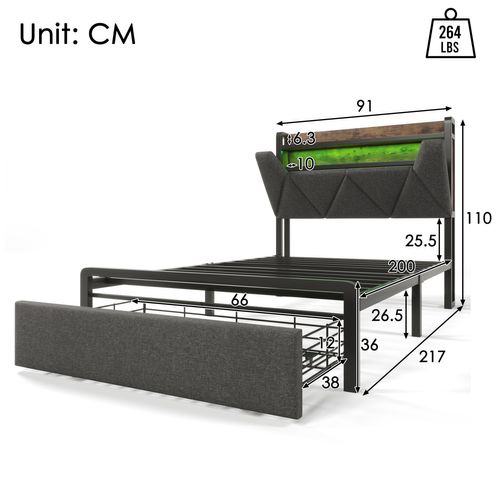 Lit Enfant LED 90 X 200 Cm, Chargement USB Type C, Tête De Lit Avec Rangement, Tiroirs, Lin, Gris