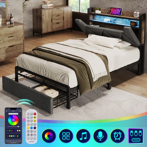 Lit Enfant LED 90 X 200 Cm, Chargement USB Type C, Tête De Lit Avec Rangement, Tiroirs, Lin, Gris