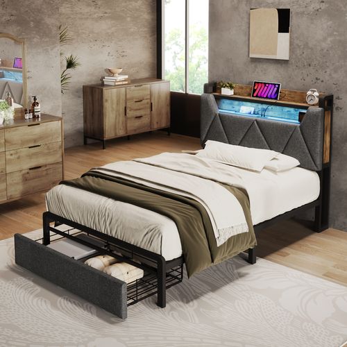 Lit Enfant LED 90 X 200 Cm, Chargement USB Type C, Tête De Lit Avec Rangement, Tiroirs, Lin, Gris