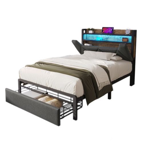Lit Enfant LED 90 X 200 Cm, Chargement USB Type C, Tête De Lit Avec Rangement, Tiroirs, Lin, Gris