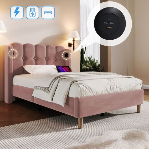 Lit Enfant Lit Jeune 90x200 Cm, Lit 1 Place Avec Chargement USB Type-c, Velours, Rose
