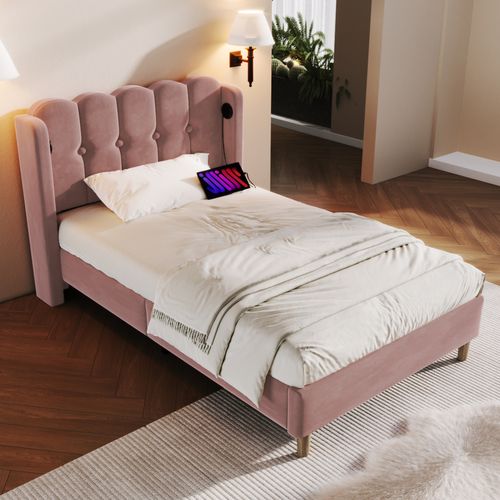 Lit Enfant Lit Jeune 90x200 Cm, Lit 1 Place Avec Chargement USB Type-c, Velours, Rose