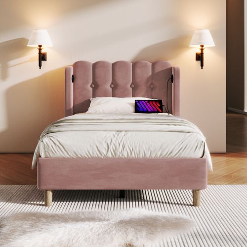 Lit Enfant Lit Jeune 90x200 Cm, Lit 1 Place Avec Chargement USB Type-c, Velours, Rose