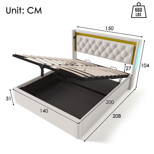 Lit Coffre Lit Adulte Double 140 X 200 Cm Avec USB Type C Et LED, Coton, Beige