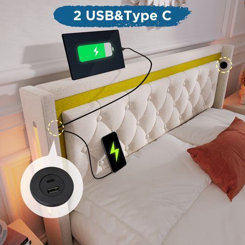 Lit Coffre Lit Adulte Double 140 X 200 Cm Avec USB Type C Et LED, Coton, Beige