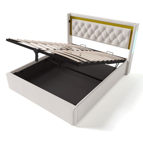 Lit Coffre Lit Adulte Double 140 X 200 Cm Avec USB Type C Et LED, Coton, Beige