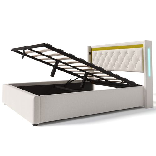 Lit Coffre Lit Adulte Double 140 X 200 Cm Avec USB Type C Et LED, Coton, Beige