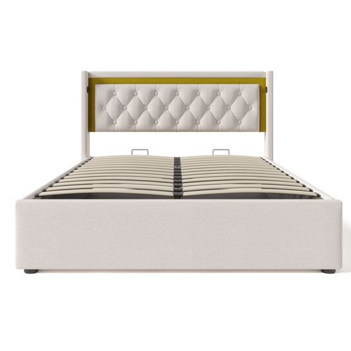 Lit Coffre Lit Adulte Double 140 X 200 Cm Avec USB Type C Et LED, Coton, Beige