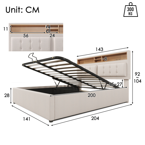 Lit Coffre Lit 140x200 Lit 2 Place, Tête De Lit Avec Chargement USB C Et Rangement, Lin, Beige