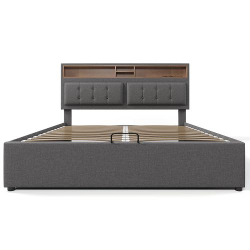 Lit Coffre Lit 140x200 Lit 2 Place, Tête De Lit Avec Chargement USB C Et Rangement, Lin, Gris