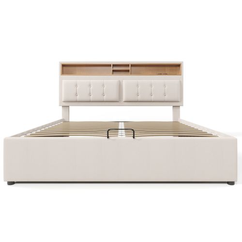 Lit Coffre Lit 160x200 Lit 2 Place, Tête De Lit Avec Chargement USB C Et Rangement, Lin, Beige