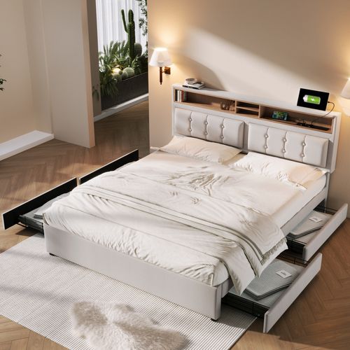 Lit Adulte Lit 160x200, Lit 2 Place Avec 4 Tiroirs De Rangement, USB C Et Prises, Lin, Beige