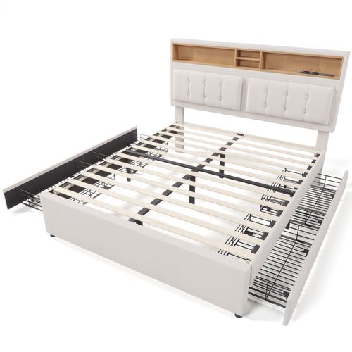 Lit Adulte Lit 160x200, Lit 2 Place Avec 4 Tiroirs De Rangement, USB C Et Prises, Lin, Beige