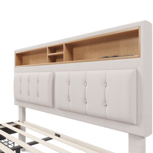 Lit Adulte Lit 160x200, Lit 2 Place Avec 4 Tiroirs De Rangement, USB C Et Prises, Lin, Beige