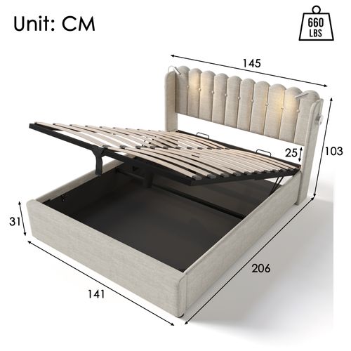 Lit Coffre Adulte Lit 2 Place 140x200 Cm, Avec Lampe De Lecture Et Prise USB, Lin, Coloris Naturel