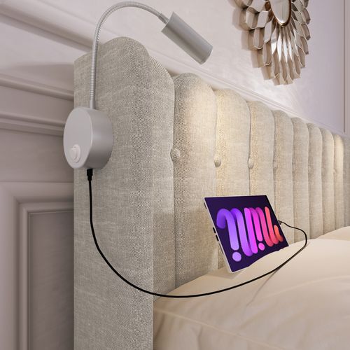 Lit Coffre Adulte Lit 2 Place 140x200 Cm, Avec Lampe De Lecture Et Prise USB, Lin, Coloris Naturel