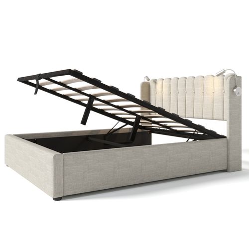 Lit Coffre Adulte Lit 2 Place 140x200 Cm, Avec Lampe De Lecture Et Prise USB, Lin, Coloris Naturel