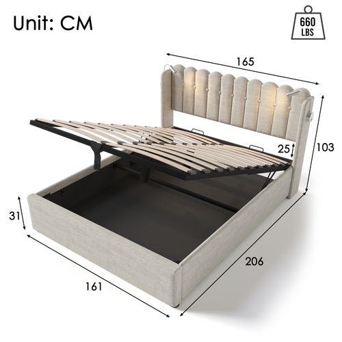 Lit Coffre Adulte Lit 2 Place 160x200 Cm, Avec Lampe De Lecture Et Prise USB, Lin, Coloris Naturel