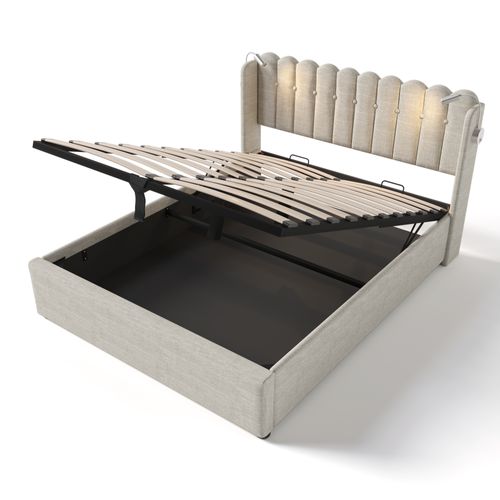 Lit Coffre Adulte Lit 2 Place 160x200 Cm, Avec Lampe De Lecture Et Prise USB, Lin, Coloris Naturel