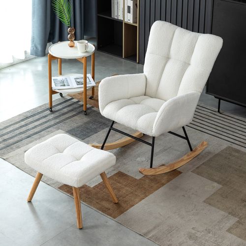 Fauteuil à Bascule Rembourré En Tissu Teddy Avec Repose-pieds Pour Salon Chambre, Blanc