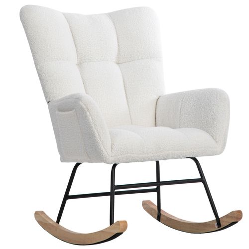 Fauteuil à Bascule Rembourré En Tissu Teddy Avec Repose-pieds Pour Salon Chambre, Blanc