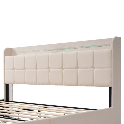 Lit Adulte LED 160x200cm Lit 2 Place, Tête De Lit Avec Prises Et Ports USB, 4 Tiroirs, Lin, Beige