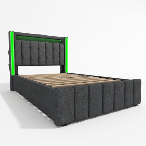 Lit Enfant LED Lit Jeune 90x200 Cm, Tête De Lit Avec Chargement USB Et Type-c, 2 Tiroirs, Lin, Gris