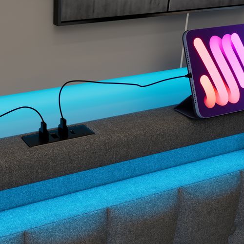 Lit Enfant LED Lit Jeune 90x200 Cm, Tête De Lit Avec Chargement USB Et Type-c, 2 Tiroirs, Lin, Gris