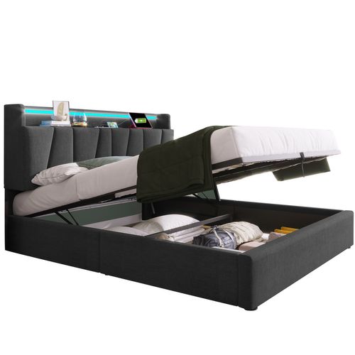 Lit Coffre Adulte 140x200 cm, 2 Places Avec Chargeur USB , LED Et Tête De Lit Rangement, Lin, Gris