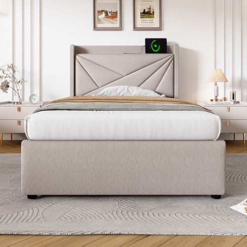 Lit Coffre Enfant 90x200 Cm Lit Jeune, Tête De Lit Avec Chargement USB Type C, Coton Et Lin, Beige
