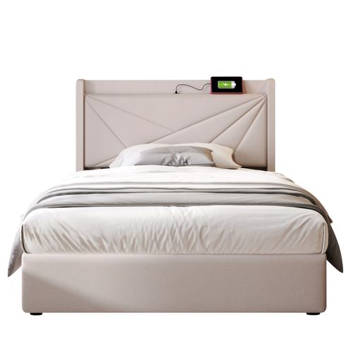 Lit Coffre Enfant 90x200 Cm Lit Jeune, Tête De Lit Avec Chargement USB Type C, Coton Et Lin, Beige