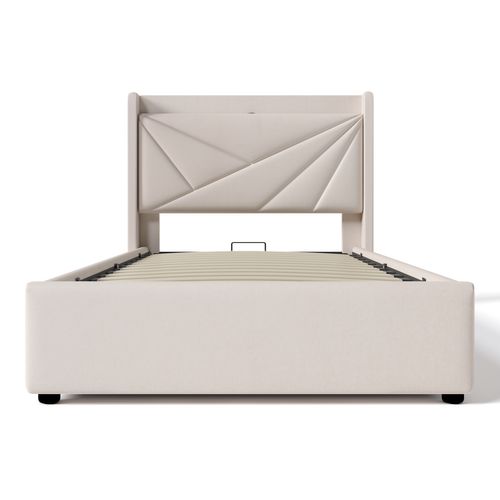 Lit Coffre Enfant 90x200 Cm Lit Jeune, Tête De Lit Avec Chargement USB Type C, Coton Et Lin, Beige